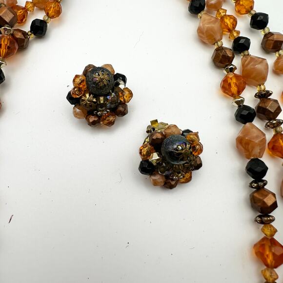 Vintage Western Germany Marked Faceted Neutral Stone Triple Strand Necklace Set - Picture 5 of 7